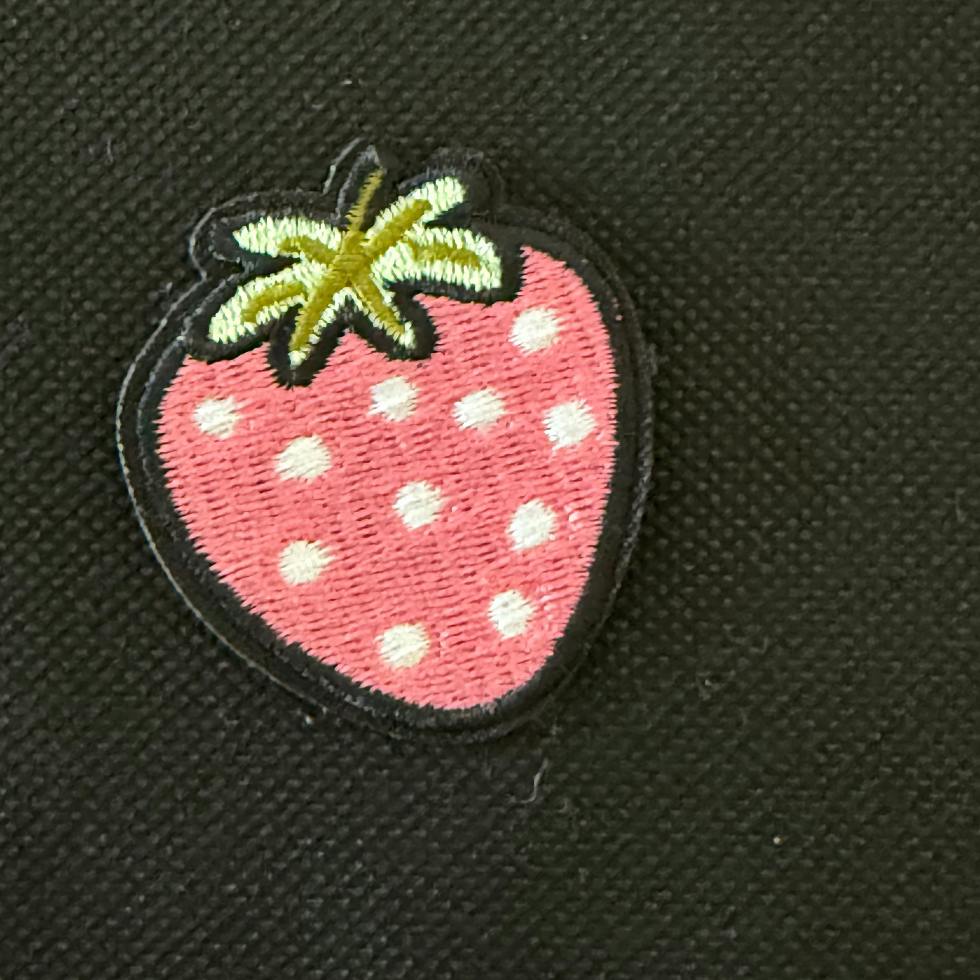 Embroidered strawberry patch on a black background