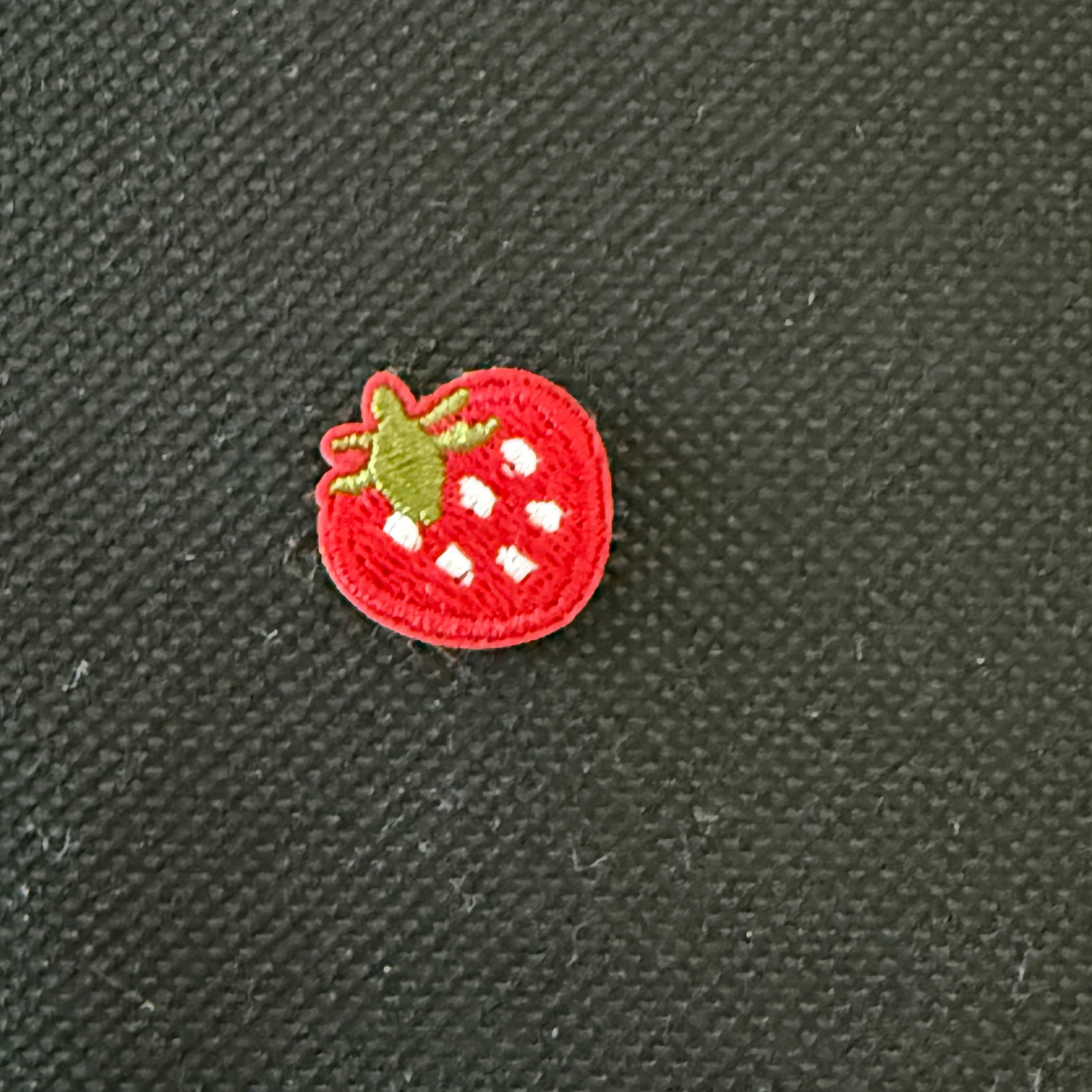 Embroidered strawberry patch on a dark fabric background